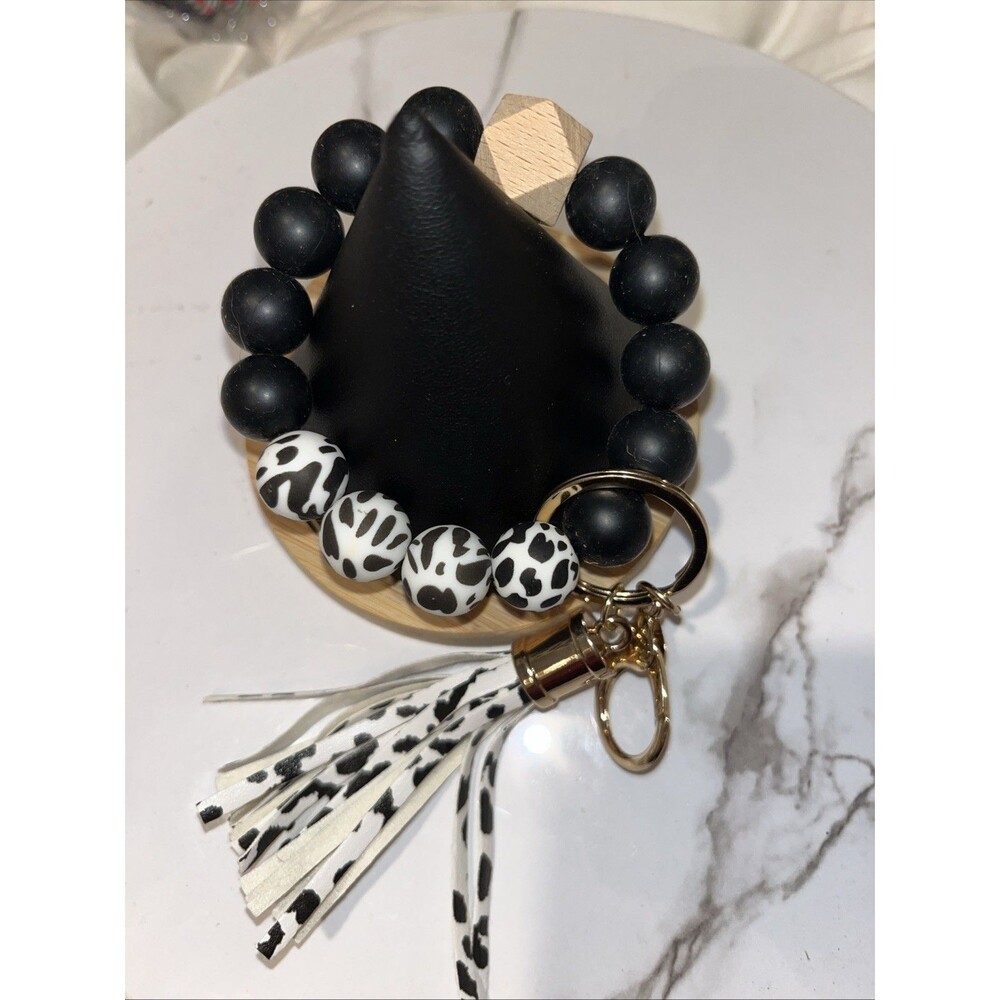 Silicone Beaded Wristlet Keychain Bracelet Tassel Key Ring Holder